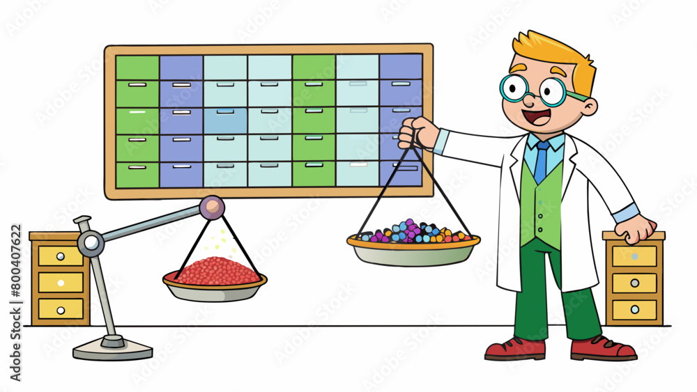 Aufkleber Inside a laboratory a chemist is working with a set of scales carefully weighing out small amounts of powders and crystals into separate containers. A. Cartoon Vector.