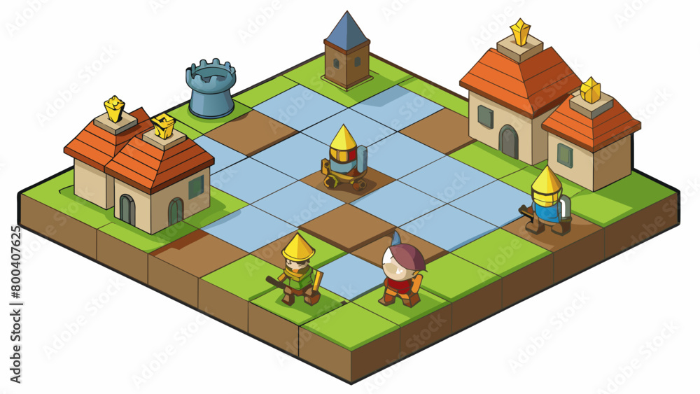 Poster In this game players take turns building a medieval kingdom by placing different types of buildings on a gridlike board. The buildings vary in size. Cartoon Vector.