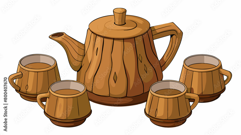 Aufkleber Made from natural wood this tea set has a rustic and earthy feel. The teapot and cups are all shaped like tree stumps with the cups having carved out. Cartoon Vector.