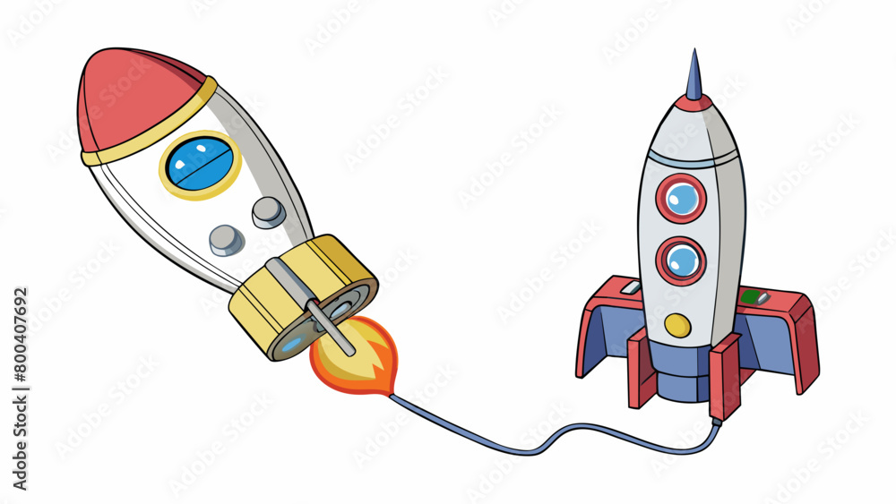 Fototapete Model rockets are launched using a simple handheld controller with a trigger button. The controller is connected to wires that lead to the rockets. Cartoon Vector.