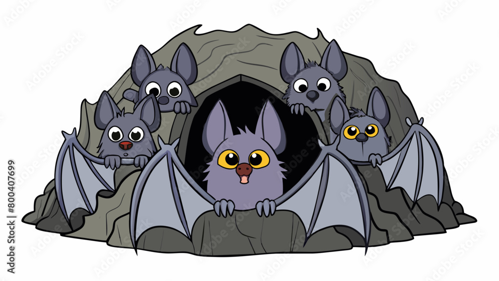 Poster nestled inside a dark damp cave was a colony of bats hanging peacefully from the ceiling. their face