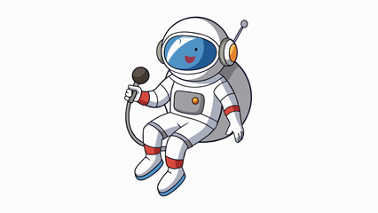 Inside the spacecraft the astronaut floats in zero gravity their body completely covered in a sleek silver spacesuit. Their helmet has a microphone. Cartoon Vector.