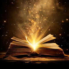 Open book with magic light beam coming out from pages on dark background