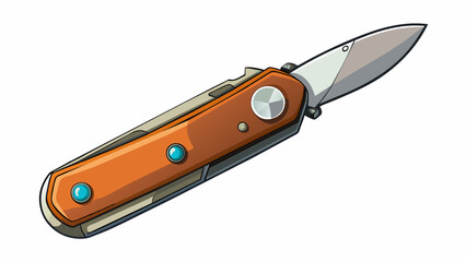 Made from sy stainless steel this pocket knife has a sharp blade with a locking mechanism for extra safety. The handle has a nonslip grip and features. Cartoon Vector. - obrazy, fototapety, plakaty