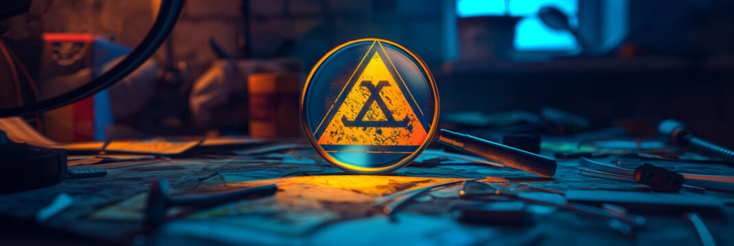 A digitally enhanced image of a neon radioactive warning sign magnified over a textured map amidst various tools in a dim workspace
