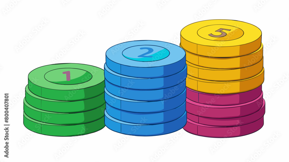 Poster Plastic Token Chips A stack of round plastic chips in different colors. Each chip has a number printed on it and can be used as a substitute for coins. Cartoon Vector.