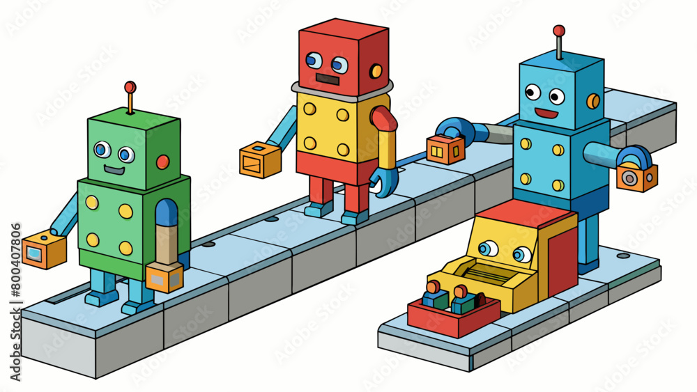 Poster Producing identical toy robots on an assembly line by using a mold to shape and duplicate the same body features color and accessories.  on white. Cartoon Vector.