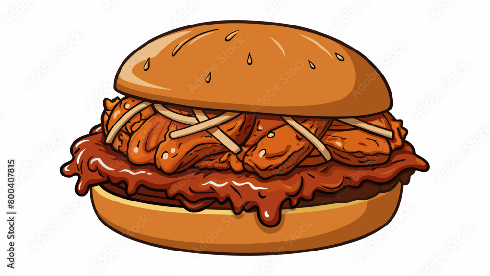 Poster pulled pork sandwich slowcooked shredded pork piled high on a soft bun dripping with tangy barbecue 