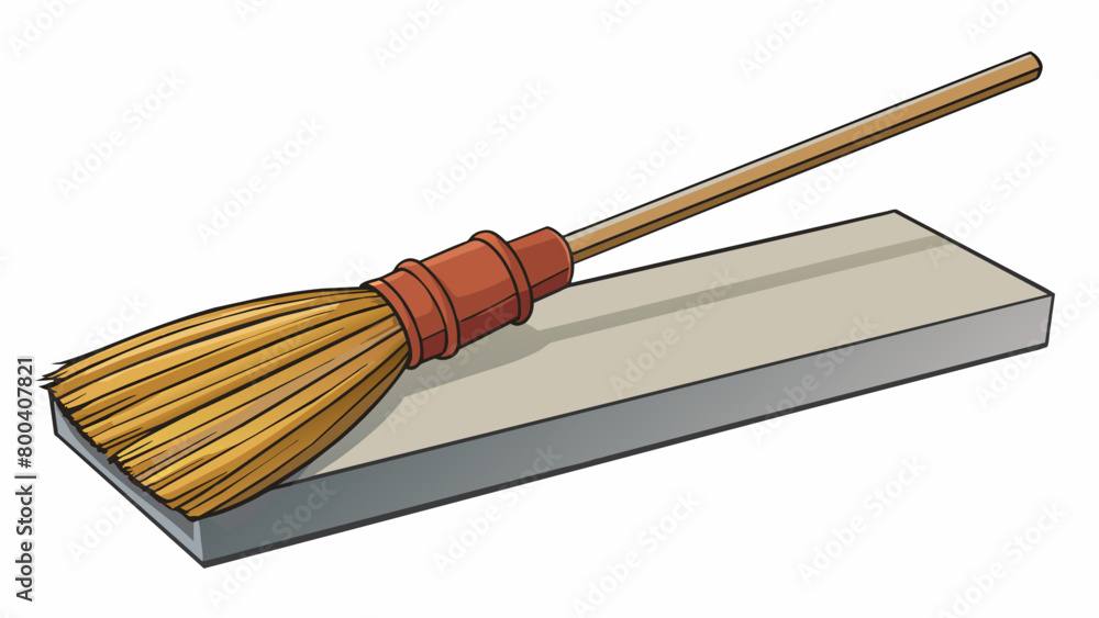 Poster Resting on the shelf the old broomstick had seen better days. Its handle was worn smooth from years of use and the once stiff bristles were now frayed. Cartoon Vector.
