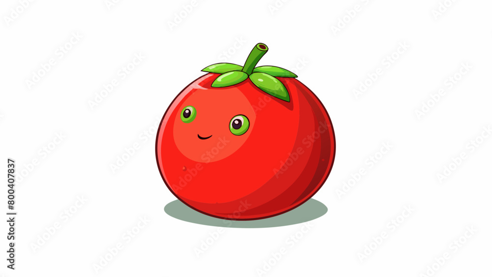 Poster round plump fruit with a vibrant red color and a small green stem. its skin is smooth with slight wr