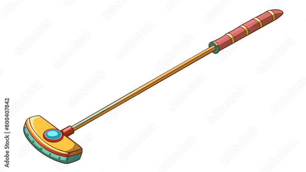 Poster Putter is a lightweight instrument with a circular head and a long handle wrapped in colorful grip tape. Its sleek design allows for better control. Cartoon Vector.