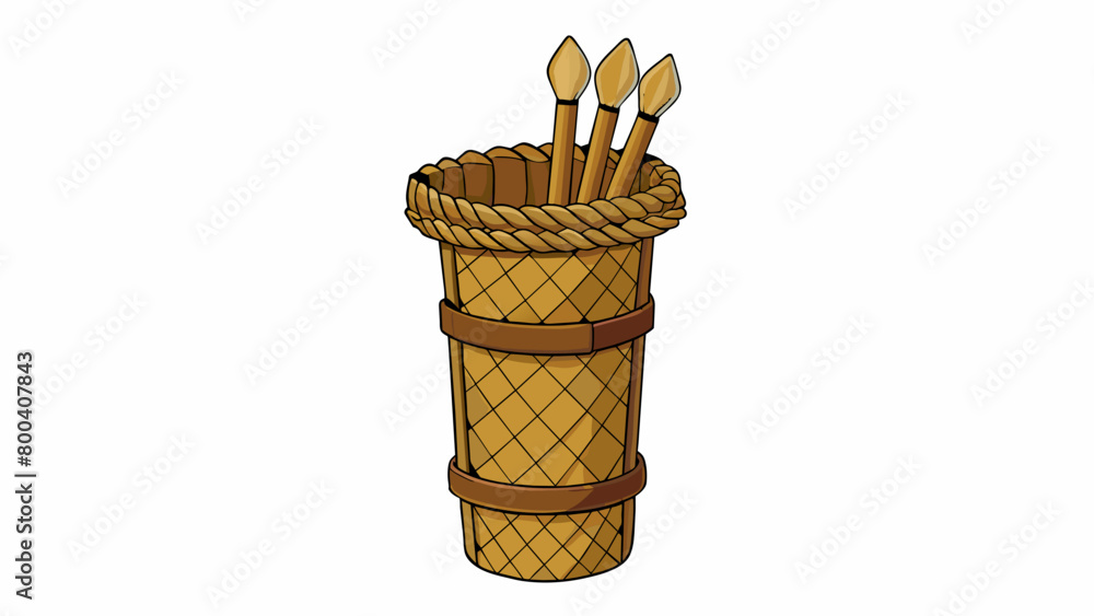 Poster quiver is a small woven basket made from natural materials. it has a flat circular base and tall thi