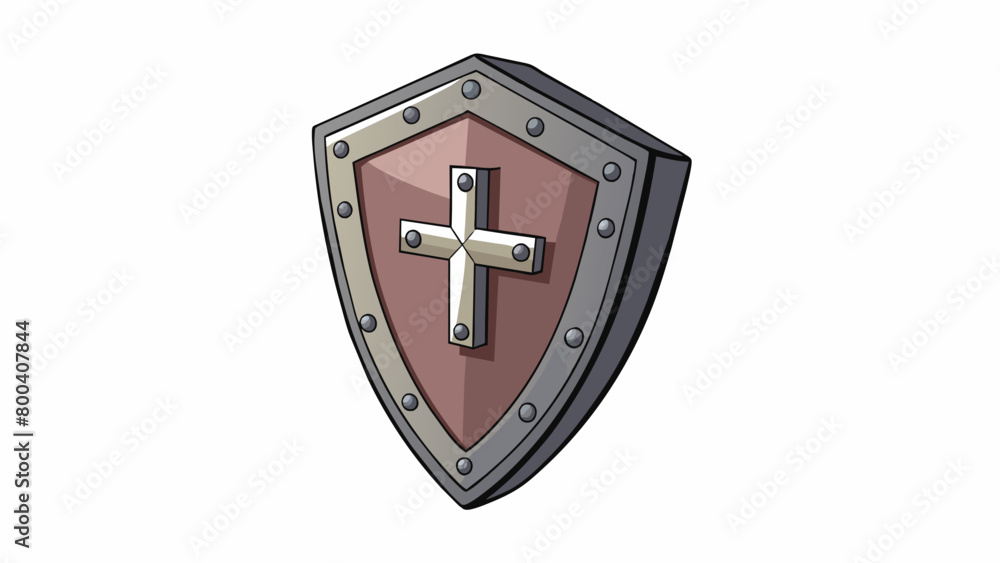 Poster Shield is a rectangular piece of solid iron featuring a bold cross emblem etched onto its front. It has small holes around its edges to attach it to. Cartoon Vector.