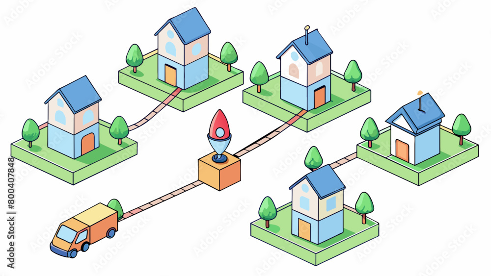 Poster Rows of geometricshaped homes connected by enclosed walkways and surrounded by carefullytended gardens. A central square features a community. Cartoon Vector.
