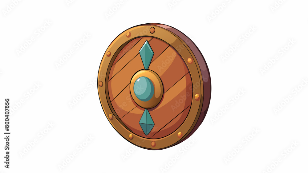 Aufkleber Shield is a wooden plank carved into a rounded shape and coated with a layer of bronze. It has a sy grip handle attached to its back and colorful. Cartoon Vector.