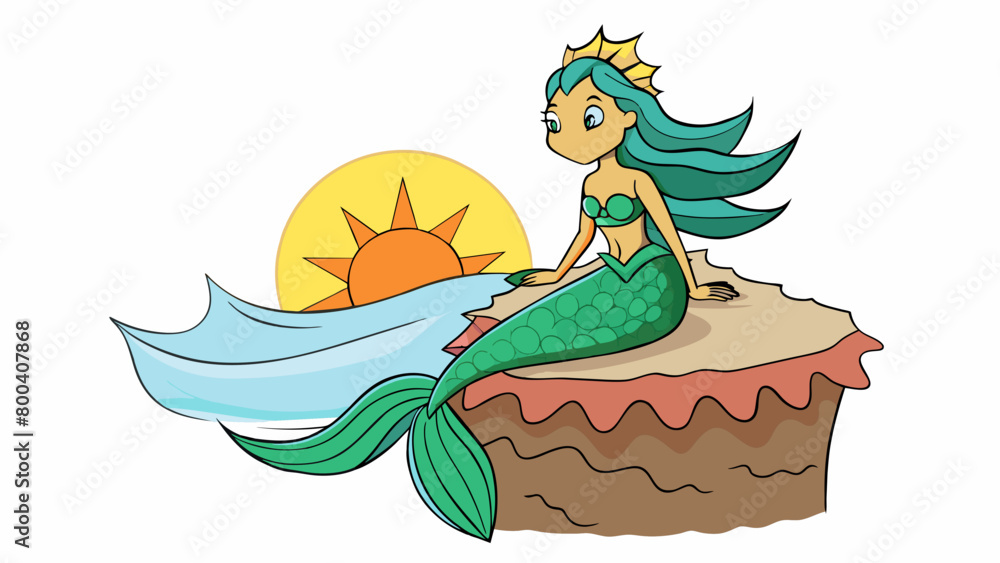 Poster sitting atop a jagged cliff a mermaid watches the crashing waves below with a mesmerizing emerald ga