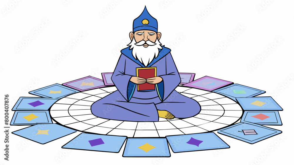 Poster Sitting crosslegged on a plush intricately woven carpet this wizards tarot cards spread across the floor in a mesmerizing pattern. Their eyes closed. Cartoon Vector.