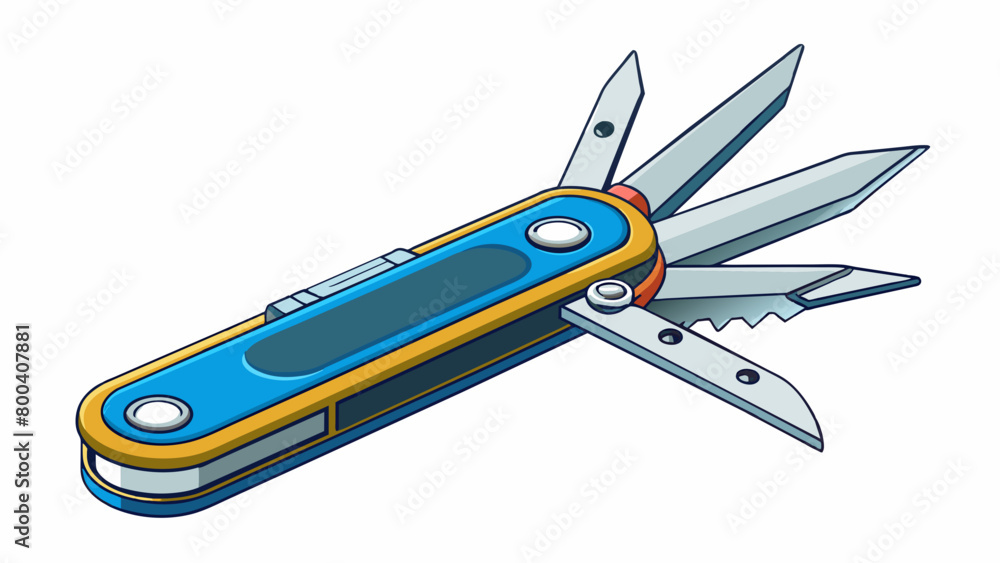 Poster Similar to the Swiss army knife this multitool features a sleek design with multiple folding instruments such as scissors pliers and a file making it. Cartoon Vector.