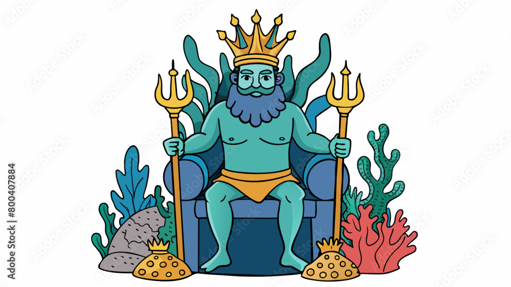 Poster sitting on a throne made of coral and seaweed poseidons crown is adorned with seashells while his sc