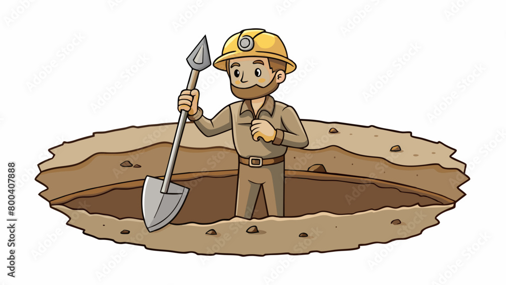 Poster Standing in a dusty excavation pit an archaeologist holds up a rusted metal tool. The tool has a sharp point and a curved blade indicating it was used. Cartoon Vector.