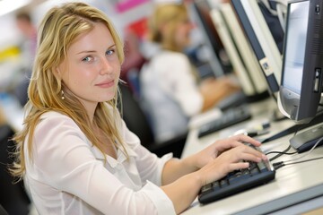 Obraz premium A woman sitting at a desk, focused on a computer screen while typing and working