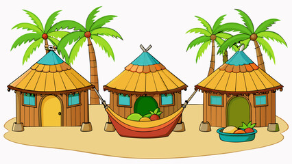 Rustic huts line the beach their roofs made of woven palm fronds and their walls painted with colorful patterns. Inside hammocks sway lazily in the. Cartoon Vector.