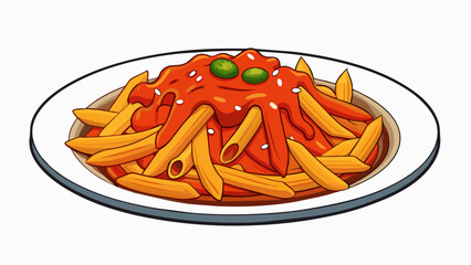Spicy penne arrabiata A plate of penne pasta smothered in a fiery red sauce and sprinkled with grated cheese. The penne which is tubeshaped with. Cartoon Vector.