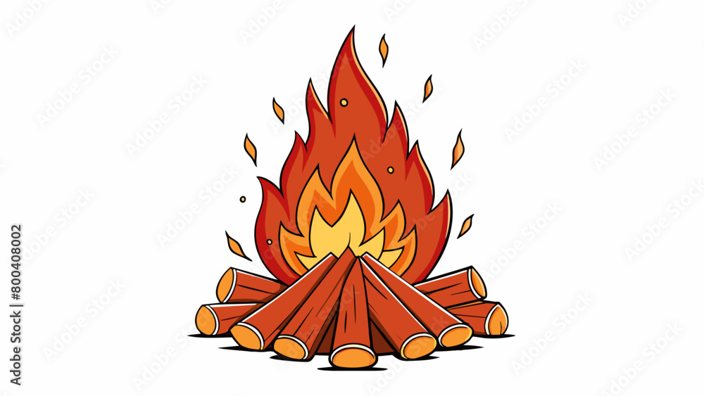 Poster The campfire crackles and pops sending sparks flying into the air like tiny fireworks. The logs have been arranged carefully creating a pyramid shape. Cartoon Vector.