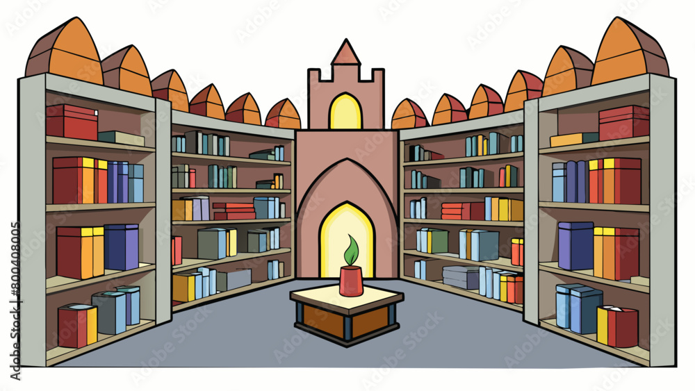 Poster The castles library was a treasure trove of knowledge housing rows upon rows of towering bookshelves filled with books of all sizes and colors. The. Cartoon Vector.