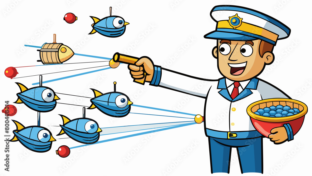 Poster The captain of the boat points to a series of flashing lights in the distance. She explains that these are deep sea fish aggregating devices FADs. Cartoon Vector.
