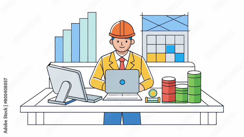 Poster The engineer sat at their desk surrounded by stacks of papers and colorful diagrams. They were using a computer program to design a new bridge. Cartoon Vector.