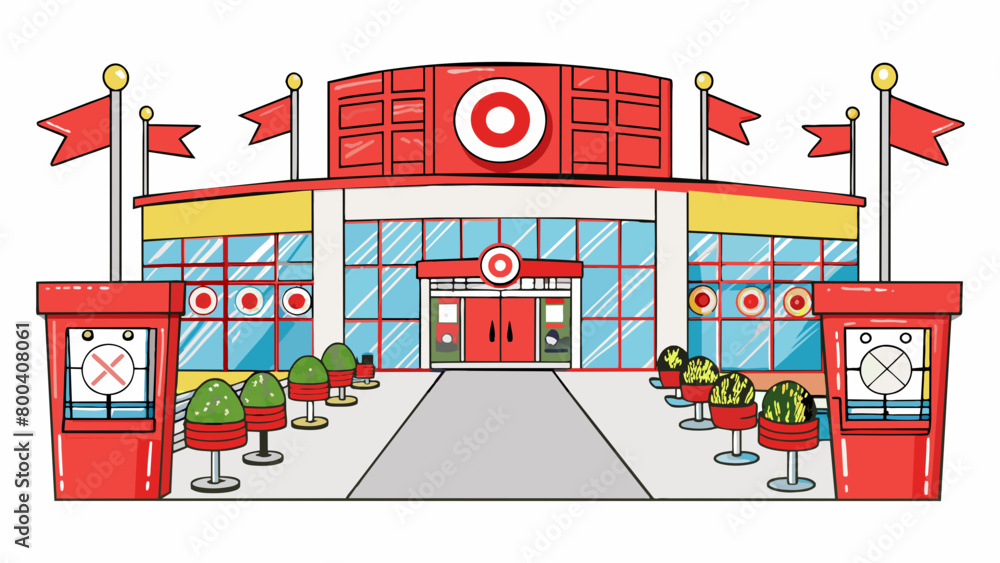 Poster the entrance of target is adorned with colorful flags and banners inviting customers to explore thei