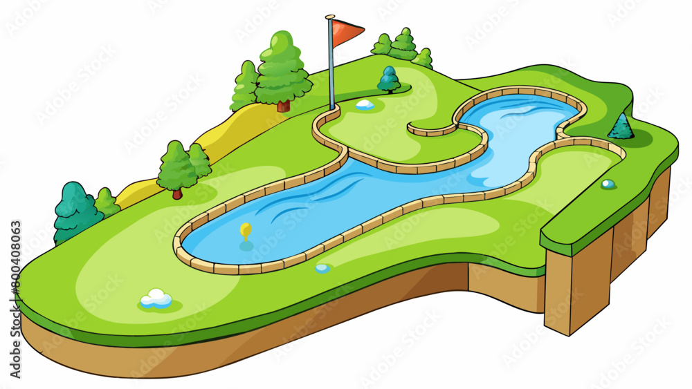 Poster The fifteenth hole is a scenic par 4 with a large lake running along the entire left side. The fairway is wide open and gently slopes towards the. Cartoon Vector.