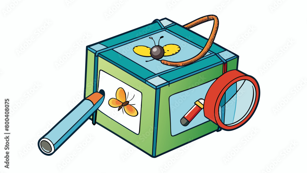 Poster The final illustration shows a compact box with a handle on top. Inside the box there are multiple compartments and trays filled with different bug. Cartoon Vector.