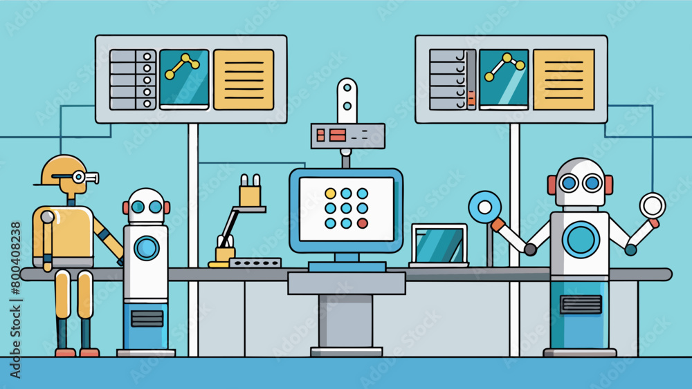 Aufkleber The Robotics laboratory is divided into different sections each dedicated to a specific aspect of robotic engineering. In the mechanical engineering. Cartoon Vector.