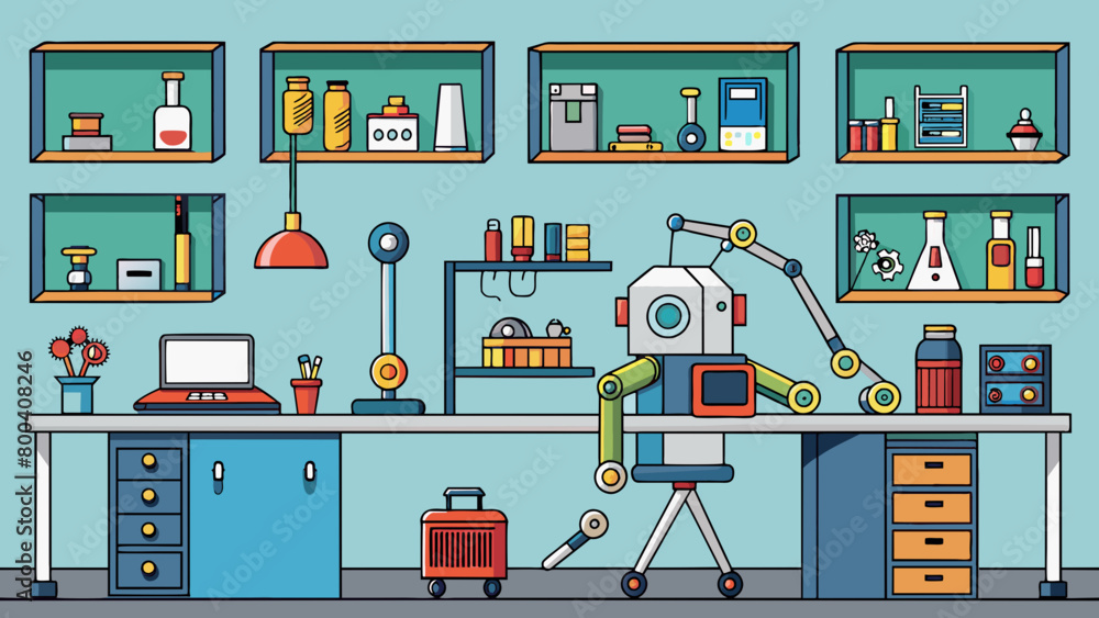 Aufkleber The Robotics laboratory is a highly advanced and organized space with each object and tool carefully labeled and stored in designated areas. From 3D. Cartoon Vector.