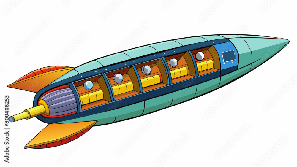 Poster The rocket ship was a giant a the stars with a long body composed of multiple sections and compartments. Its main feature was a massive glowing engine. Cartoon Vector.