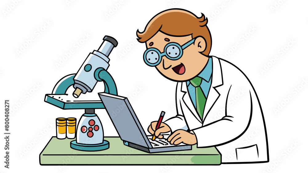 Poster The scientist was hunched over a microscope adjusting the lenses and scribbling notes in a worn out notebook. The microscope was connected to a. Cartoon Vector.