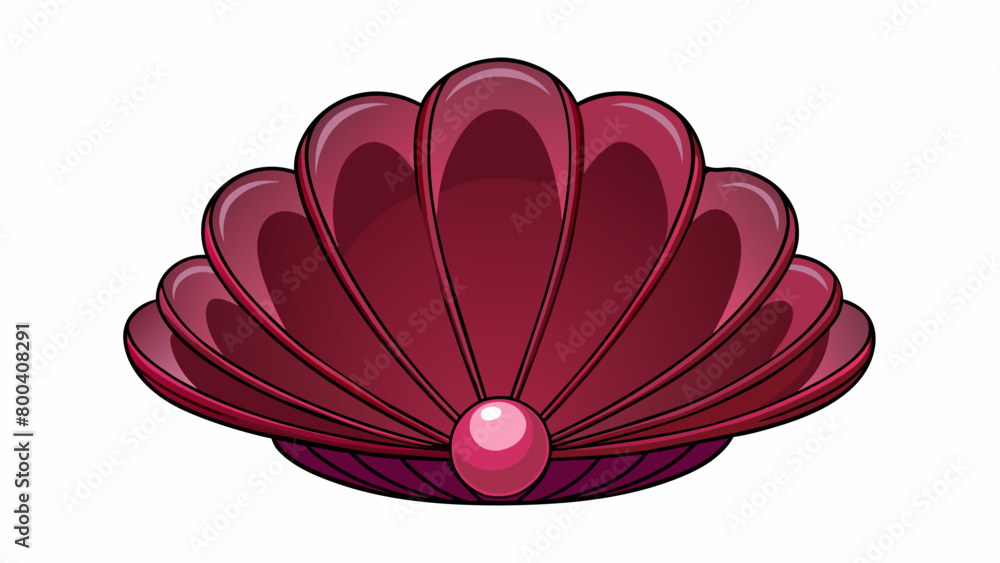 Poster The scallops shell is a deep rich burgundy with a glossy finish. Its shape is reminiscent of a butterfly with delicate fluted wings. It has a small. Cartoon Vector.