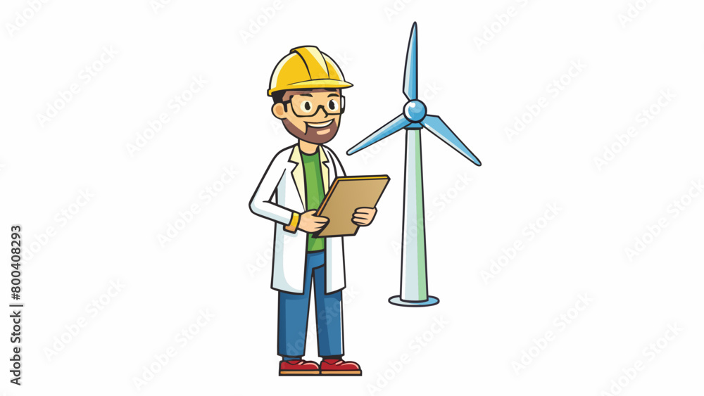 Poster The scientist was standing in front of a towering wind turbine monitoring its power output and taking notes. They wore a hard hat and safety gear. Cartoon Vector.