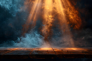 empty wooden table with Faint smoke have beams of light in dark background