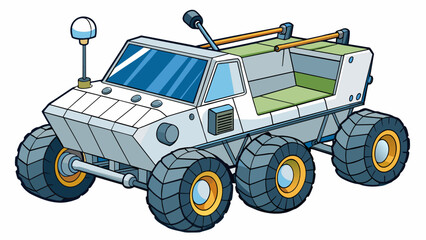 Naklejka premium The second Lunar rover is a sleek twoseater vehicle with a streamlined body and a large rectangular windshield. Its wheels are large and sy with deep. Cartoon Vector.