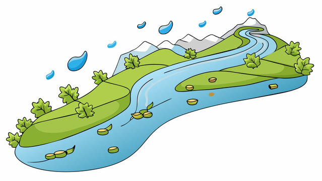 The river flows steadily its surface ruffled by a light breeze carrying small leaves and twigs on its journey towards the horizon where it disappears. Cartoon Vector.