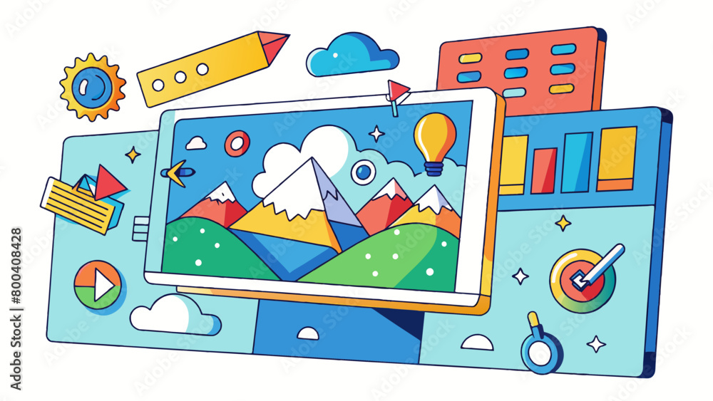 Poster The web also has a visual aspect with graphics photos and videos being a prominent part of its landscape. This can be illustrated by a canvas splashed. Cartoon Vector.