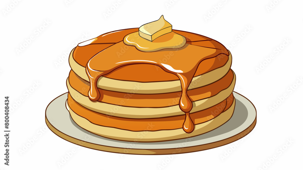 Poster Thick gooey caramel sauce poured generously over a stack of fluffy pancakes creating a sweet and indulgent breakfast treat.  on white background . Cartoon Vector.