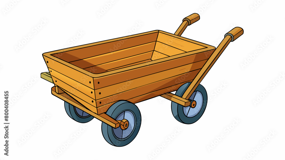 Poster The wooden cart stood tall with four sy wheels and a handle for pushing or pulling. Its surface was adorned with various clips and loops ready to. Cartoon Vector.