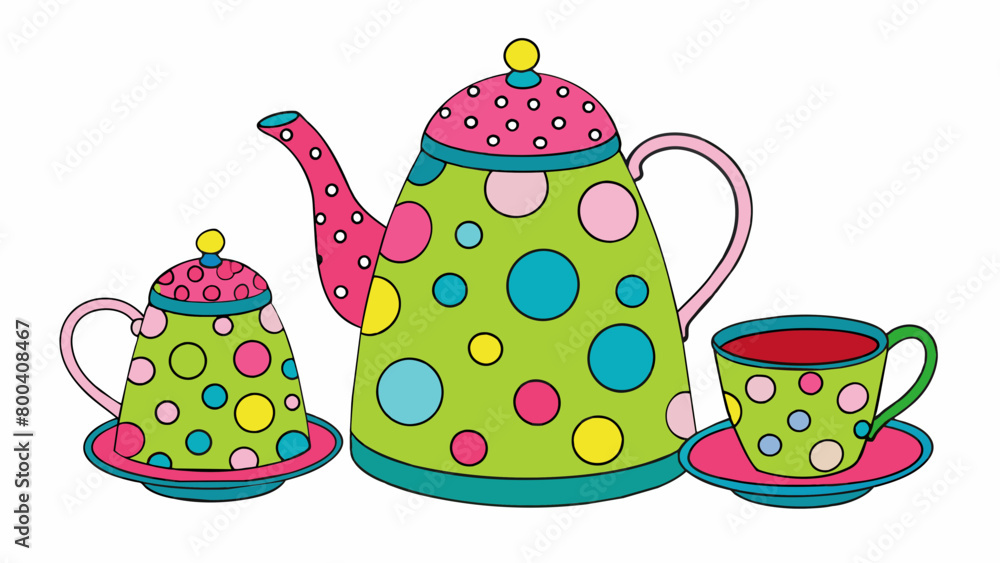 Poster this colorful tea set is made from sy tin and decorated with playful polka dots in bright shades of 