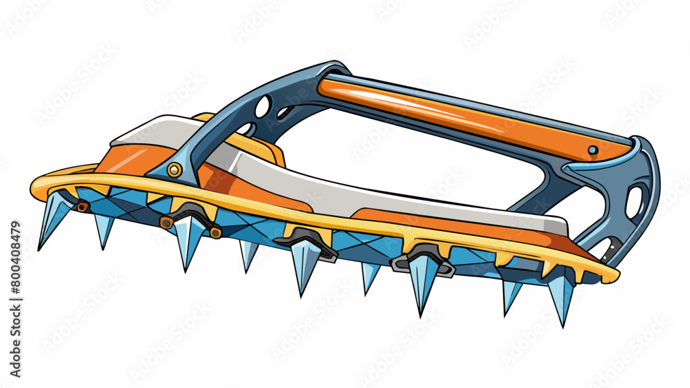 Poster This crampon is specially designed for ice climbing and has horizontal front points for optimal grip in vertical ice walls. It also has a heel spur. Cartoon Vector.