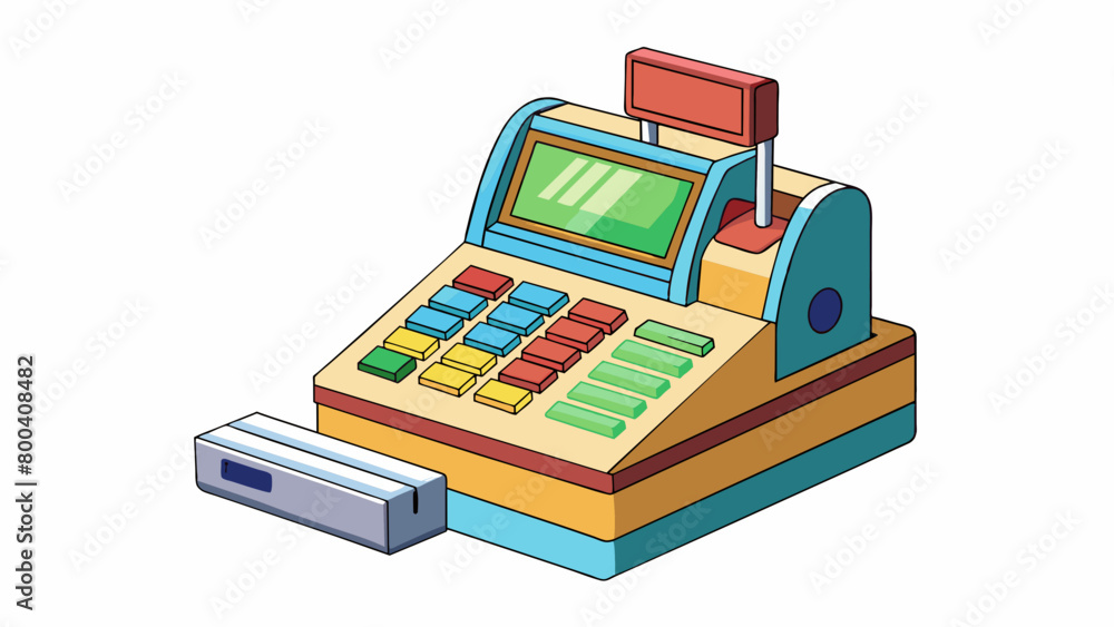 Poster This e cash register toy is designed to look like a real store checkout complete with a scanner that makes beeping sounds and a conveyor belt for. Cartoon Vector.