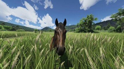 Horse in tall grass, under cloudy sky, staring at the camera